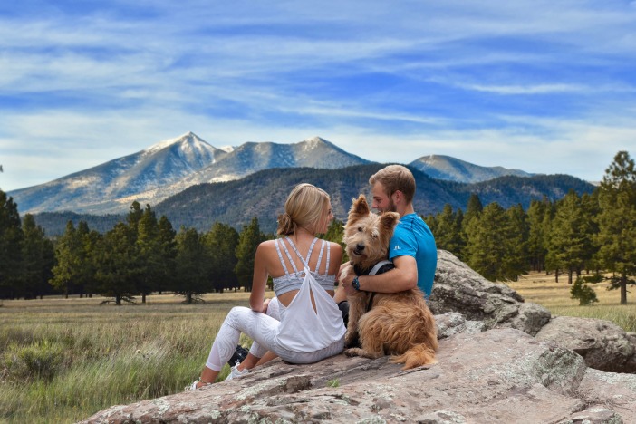 Man en vrouw zitten met hun hond op een rots in een grasveld met dennenbos en de besneeuwde San Francisco Peaks bij Flagstaff op de achtergrond