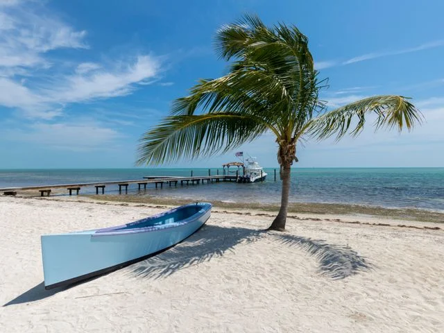Een lichtblauwe kano ligt op wit zand naast een palmboom aan een rustig strand in Florida met een steiger op de achtergrond