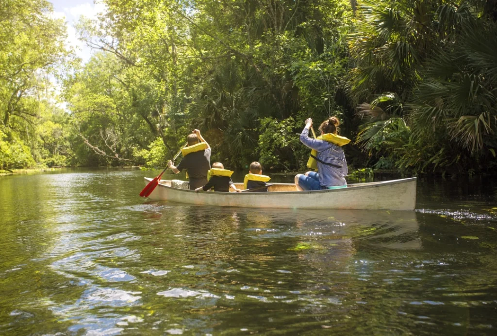 Gezin in een kano peddelt over een rustige, groene rivier omgeven door dichte subtropische begroeiing in Florida