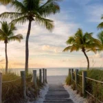 Houten vlonderpad tussen duingras en hoge palmbomen dat uitkomt op een strand met zicht op zee, kenmerkend voor de Florida Keys