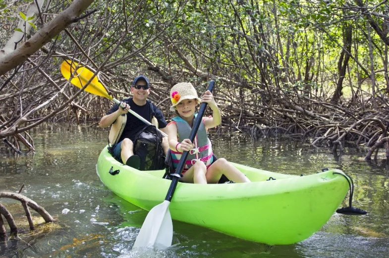 Vader en dochter in een groene kajak peddelen door een smalle tunnel van kronkelende mangrovewortels en takken in de Florida Keys