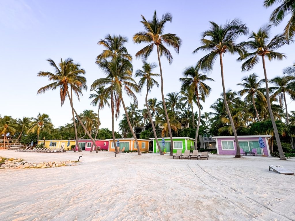 Rij kleurrijke strandcabines in geel, roze en groen tussen hoge palmbomen op een wit zandstrand in de Florida Keys