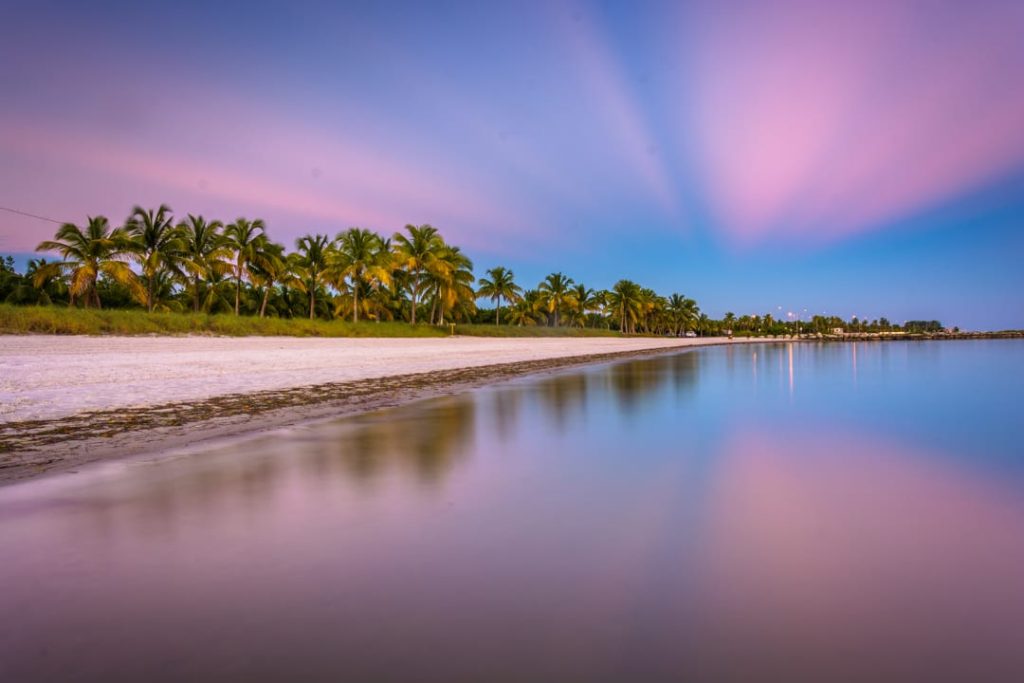 Verlaten strand met palmbomen weerspiegeld in kalm water onder een roze en paarse avondlucht