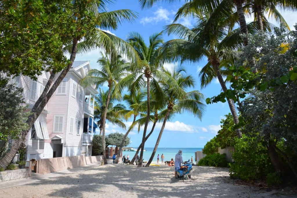 Een zanderig pad omzoomd door palmbomen leidt naar een strand in de Florida Keys, met een houten huis op de achtergrond