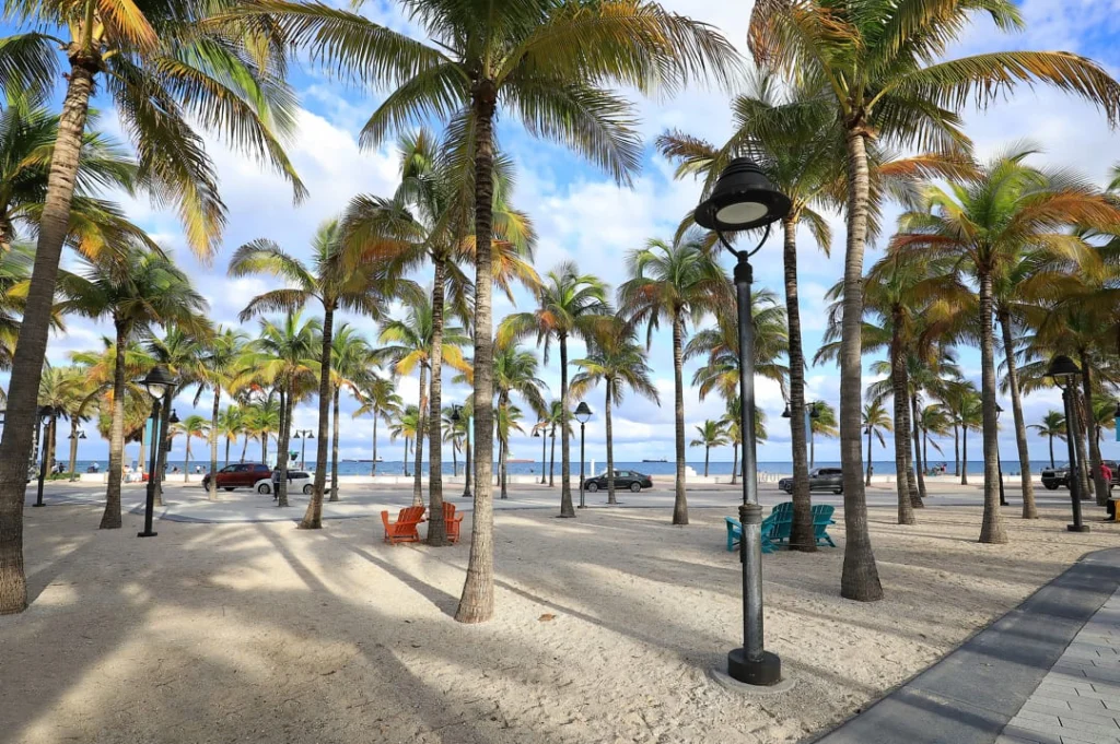 Zandpad tussen hoge palmbomen bij het strand van Fort Lauderdale met lantaarnpalen, gekleurde strandstoelen en geparkeerde auto's in de verte