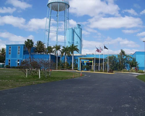 Blauw bedrijfsgebouw met een hoge watertoren en silo's ernaast, met palmbomen en vlaggen bij de ingang