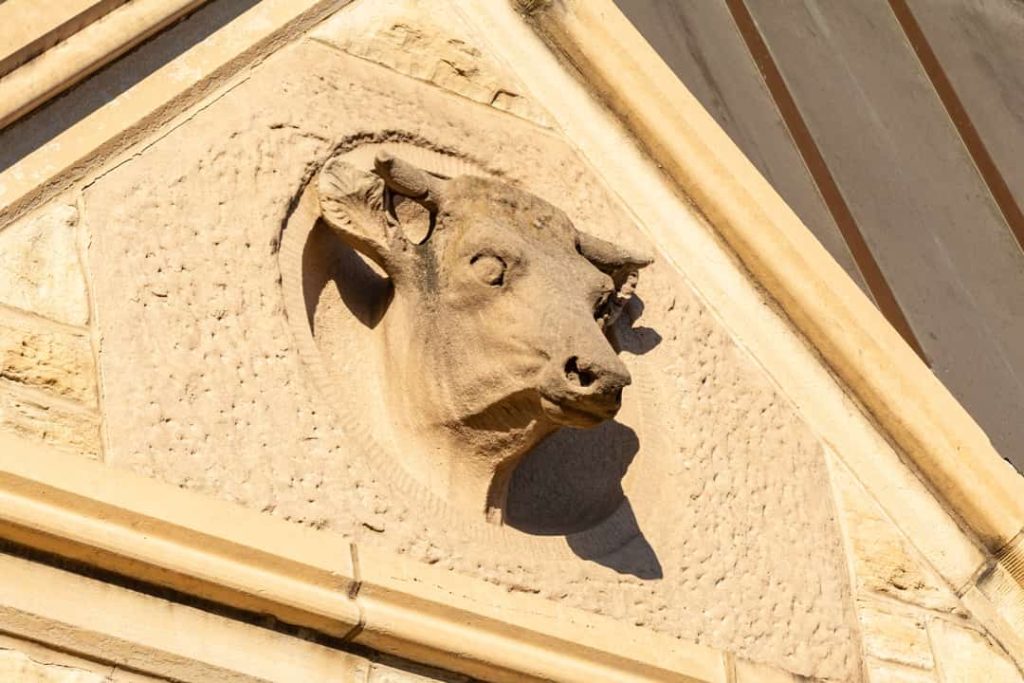 Uitgehouwen stenen reliëf van een stierenkop in het fronton van een historisch gebouw in de Fort Worth Stockyards