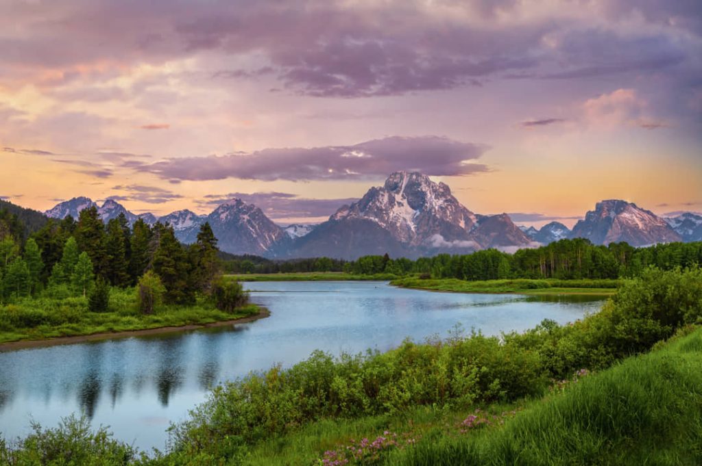 Rustige rivierbocht die de besneeuwde top van Mount Moran weerspiegelt, omringd door bos onder een paarse en oranje avondlucht