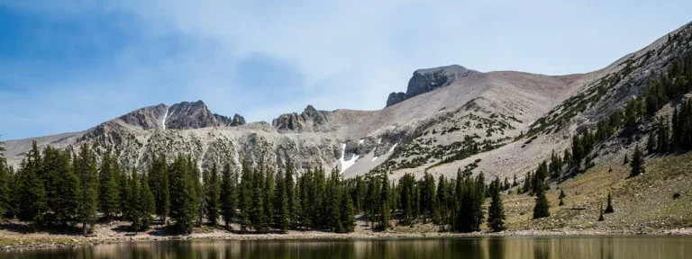 Rustig bergmeer met sparrenbos op de oever en besneeuwde bergtoppen op de achtergrond in Great Basin National Park in Nevada