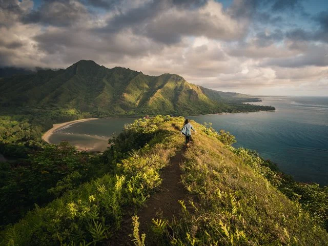 Een wandelaar loopt over een smal pad op een begroeide bergkam met uitzicht op een baai en de oceaan op Hawaii