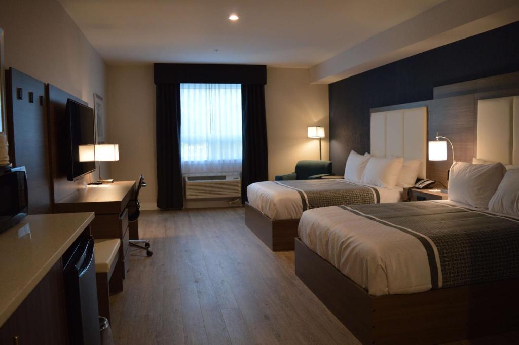 Hotelkamer met twee opgemaakte bedden, een donkere houten accentwand, warme lampverlichting en een bureau met stoel bij het raam