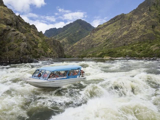 Jetboot vaart door schuimende stroomversnellingen in een diepe, groen begroeide canyon met steile rotswanden in Idaho