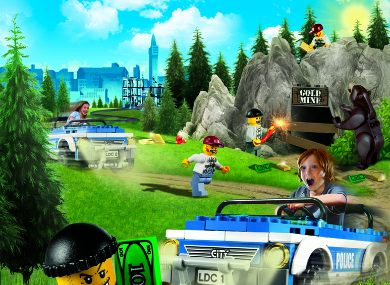 Kleurrijke illustratie van kinderen in Lego politieauto's die een goudmijn met een beer en een dief naderen
