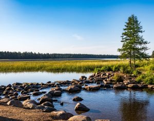 Ondiepe stroom van de Mississippi River bij Itasca State Park met stapstenen, rietgras en een dennenboom op de oever