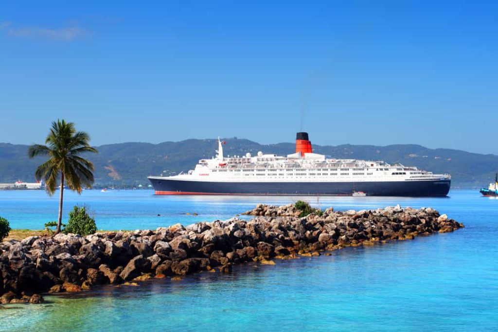 Een groot wit cruiseschip met rode schoorsteen vaart voorbij een rotsachtige golfbreker met een palmboom op de voorgrond in Jamaica