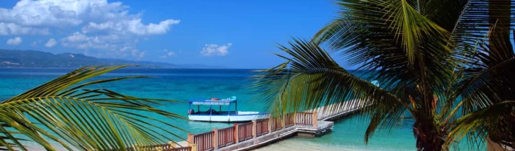 Een houten steiger met een boot steekt uit in helderblauw water tussen palmbladeren op het strand van Negril