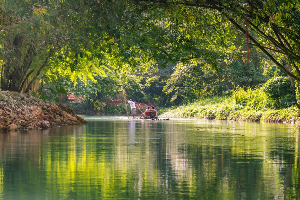 Een bamboevlot met passagiers vaart in de verte over een rustige rivier onder een groen bladerdak in Jamaica