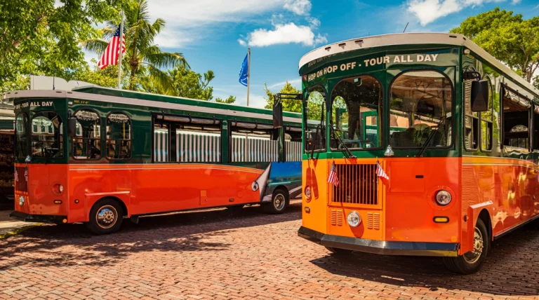 Twee oranje met groene hop-on hop-off trolleybussen staan geparkeerd op een geplaveide straat in Key West onder een zonnige hemel