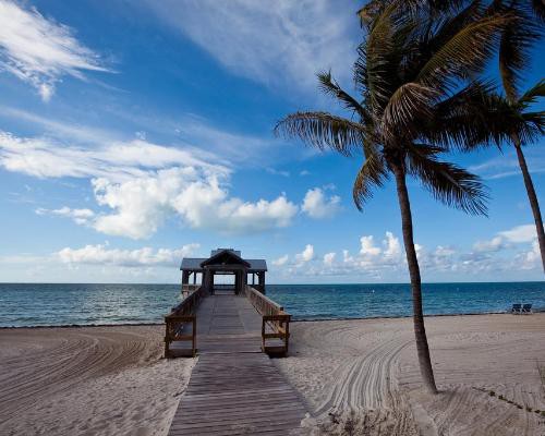Houten pier met overkapping die de zee in loopt, geflankeerd door twee palmbomen op een leeg strand in Key West