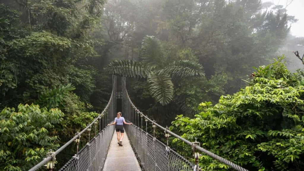 Vrouw loopt over een lange hangbrug tussen de boomtoppen van een mistig tropisch regenwoud bij La Fortuna