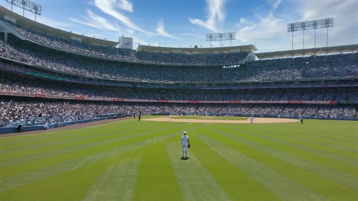 Speler in wit tenue staat alleen op het buitenveld met volle tribunes eromheen onder een blauwe lucht in Dodger Stadium