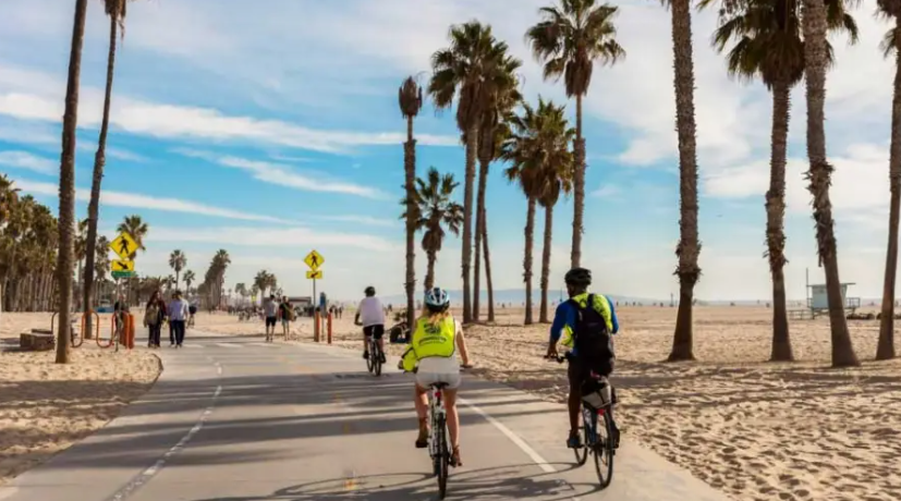 Schermafbeelding van fietsers en wandelaars op een verhard pad tussen hoge palmbomen met een zandstrand ernaast