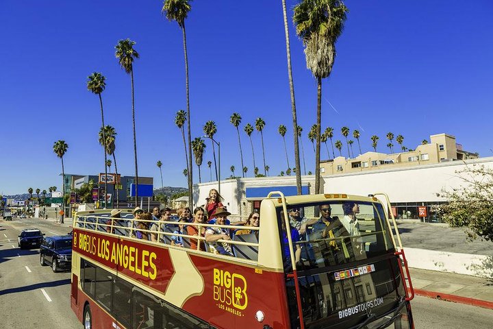 Toeristen op de bovenverdieping van een open sightseeingbus rijden door Los Angeles langs een rij hoge palmbomen