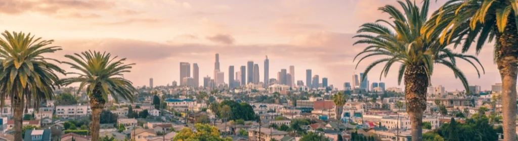 Wolkenkrabbers van het centrum van Los Angeles steken af tegen een roze avondlucht met palmbomen en woonwijken op de voorgrond