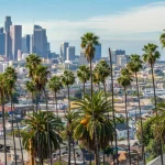Wolkenkrabbers van de skyline van Los Angeles gezien tussen hoge palmbomen door, met woonwijken op de voorgrond