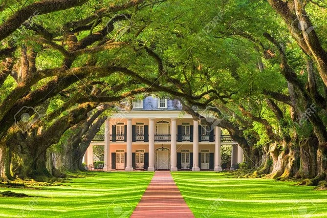 Wit plantagehuis met zuilen en balkons aan het einde van een oprijlaan omzoomd door overhangende oude eikenbomen in Louisiana