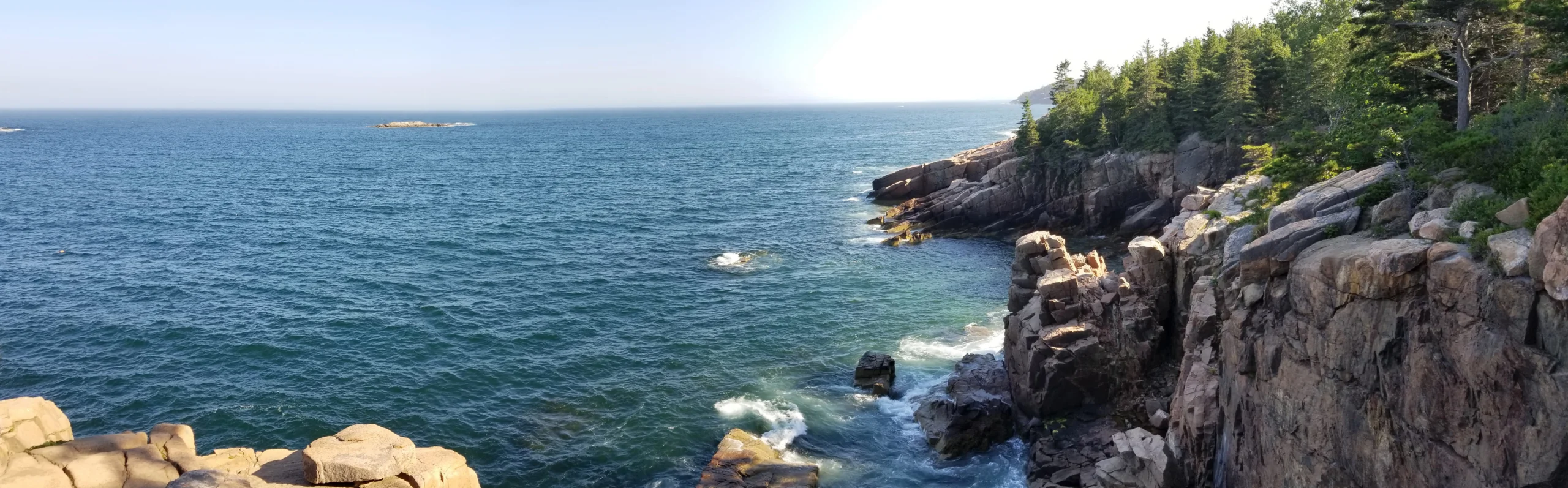 Ruige rotsachtige kustlijn met naaldbomen langs een blauwe oceaan onder een heldere hemel in Maine