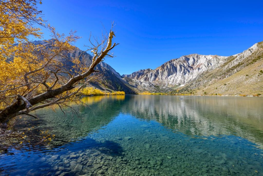 Helder bergmeer met een gele herfstboom op de voorgrond en kartelige bergtoppen die weerspiegeld worden in het water