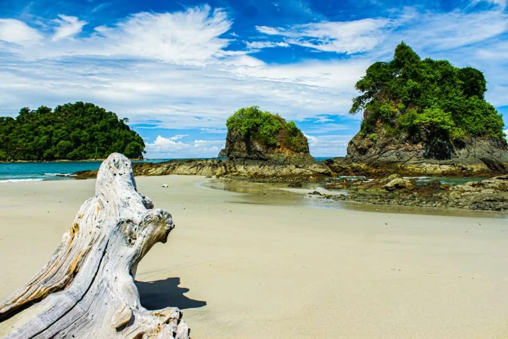 Wit zandstrand met stukken drijfhout op de voorgrond en met bomen begroeide rotseilandjes in zee bij Manuel Antonio