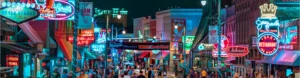 Drukke Beale Street in Memphis met talloze kleurrijke neonreclames van bars en cafés terwijl mensen 's avonds over straat wandelen
