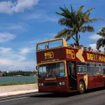 Een rode en gele Big Bus dubbeldekker rijdt over een brug met palmbomen en de skyline van Miami op de achtergrond