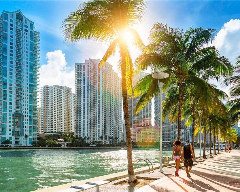 Wandelend stel op een pad langs de Miami River met palmbomen en hoge appartementengebouwen die oplichten in de namiddagzon