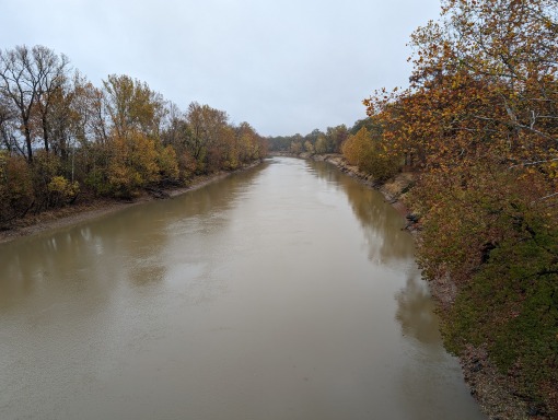 Bruine rivier stroomt tussen oevers vol bomen met geel en oranje herfstblad onder een grijze lucht in Mississippi