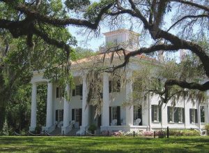 Witte villa met een zuilengalerij en een klein torentje gezien tussen takken vol Spaans mos in Natchez