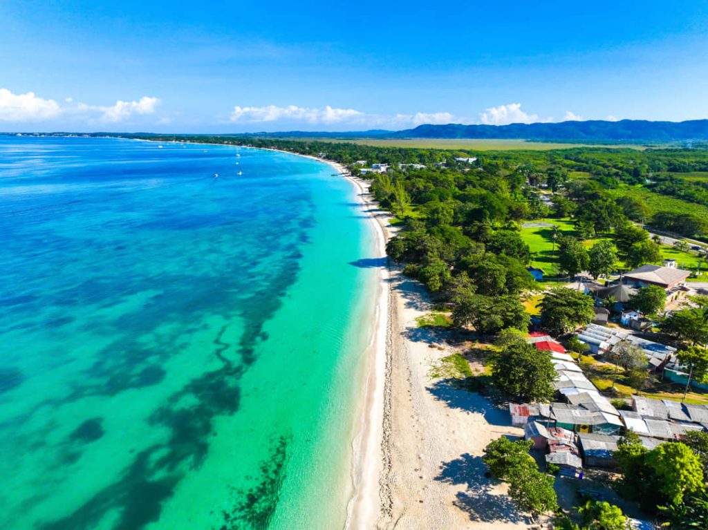 Luchtfoto van een lang wit zandstrand in Negril met turquoise water en groene begroeiing landinwaarts