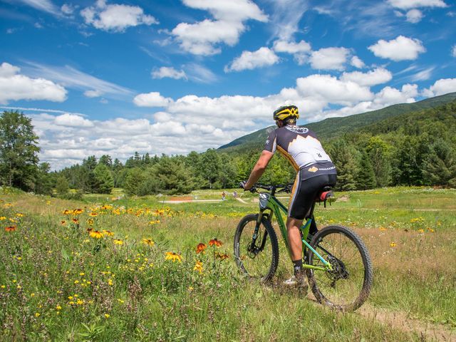 Mountainbiker met helm rijdt over een pad door een veld met gele bloemen, met beboste bergen op de achtergrond in New Hampshire