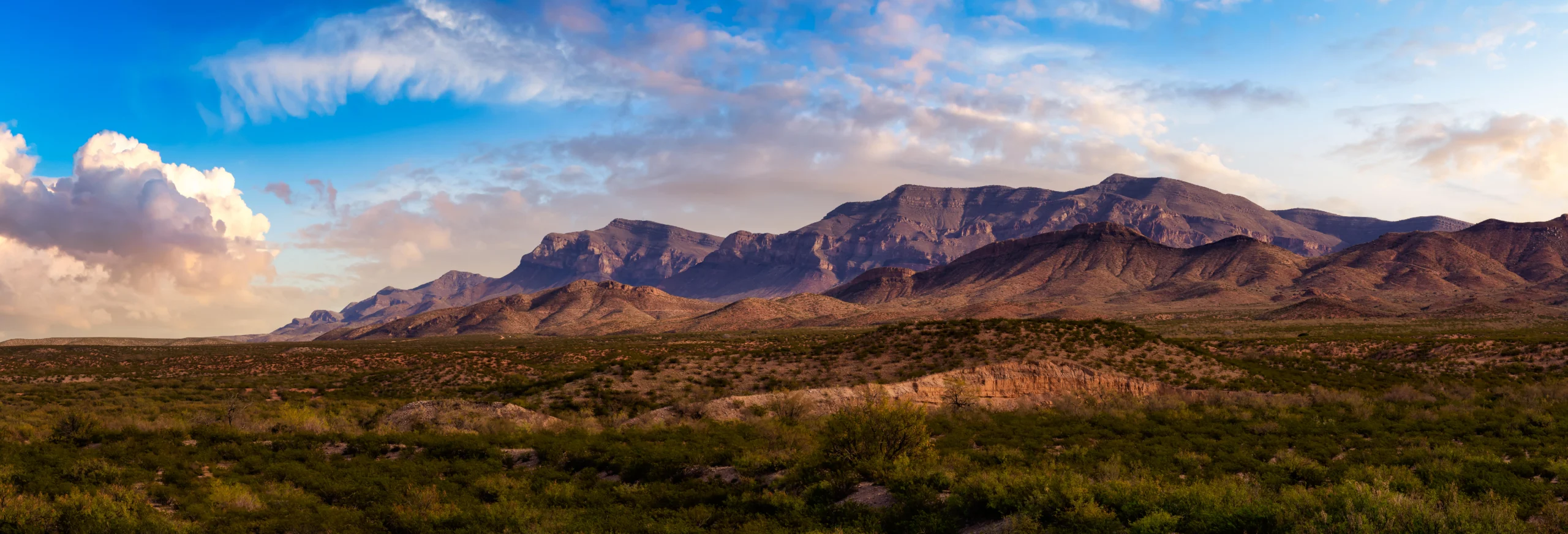 Breed panorama van kartelige woestijnbergen met struikgewas op de voorgrond onder een deels bewolkte hemel in New Mexico