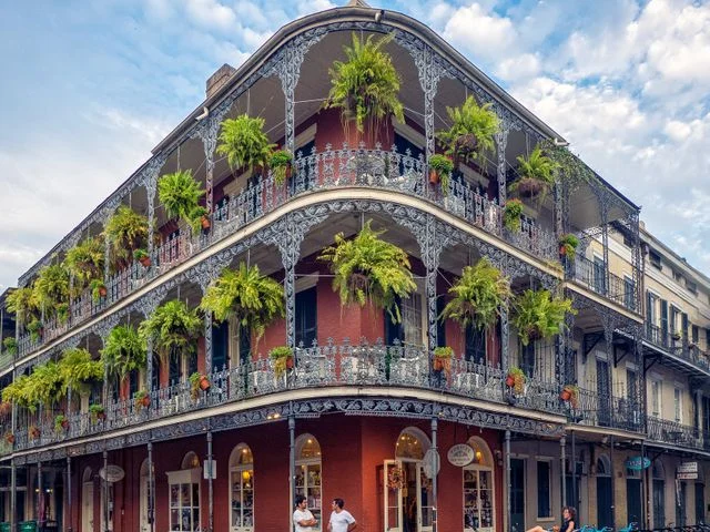 Historisch hoekpand in New Orleans met weelderige varens hangend aan smeedijzeren balkons over meerdere verdiepingen