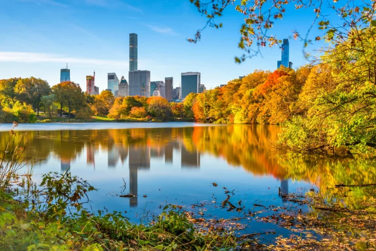 Rustig meer in Central Park omringd door bomen in felle herfstkleuren met slanke wolkenkrabbers die zich spiegelen in het water