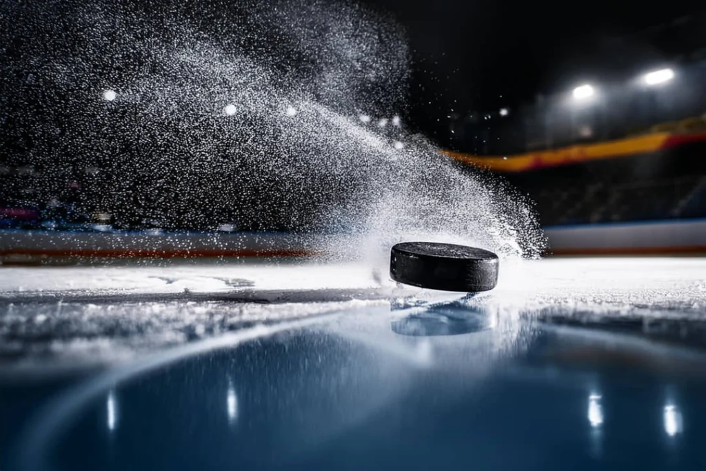 Close-up van een zwarte ijshockeypuck met opspattend ijs op de baan, met een wazige tribune op de achtergrond