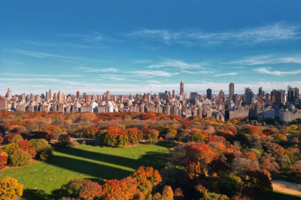 Luchtfoto van Central Park met bomen in felle herfstkleuren en de skyline van Manhattan aan de horizon