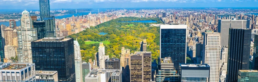 Panoramisch uitzicht vanaf een hoog observatiedek over de groene rechthoek van Central Park omringd door wolkenkrabbers van Manhattan
