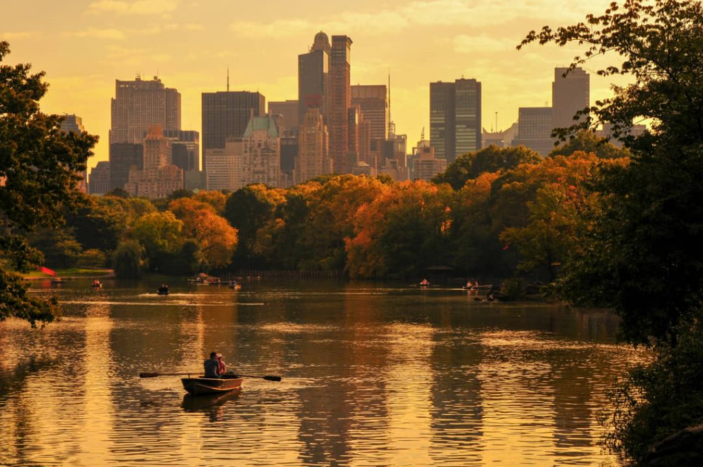 Een roeibootje glijdt over het goudkleurige water van het meer in Central Park met de skyline van Manhattan en herfstbomen op de achtergrond