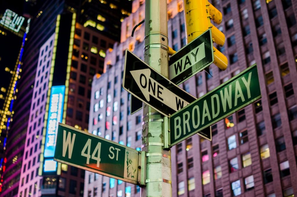 Groene straatnaambordjes met de namen Broadway en West 44th Street tegen verlichte gebouwen op Times Square in de avond