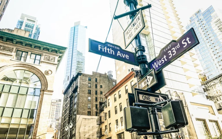 Kruispuntbordjes met de namen Fifth Avenue en West 33rd Street tegen een achtergrond van hoge gebouwen in New York