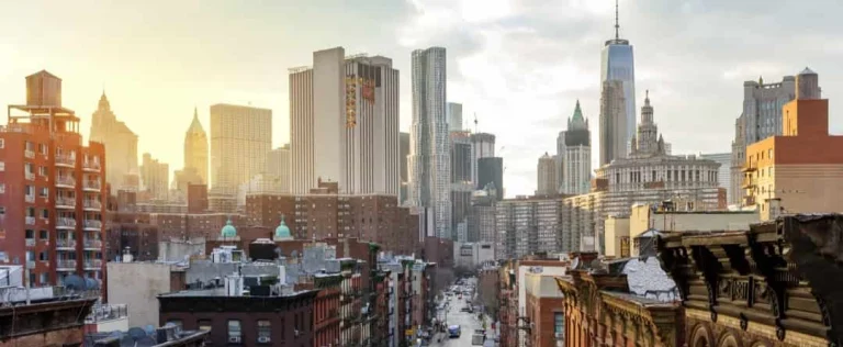 Uitzicht over de daken van Chinatown in New York bij zonsondergang met op de achtergrond wolkenkrabbers van Lower Manhattan waaronder One World Trade Center